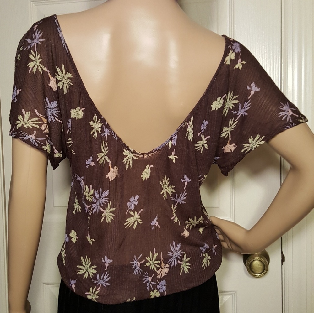 Free People Gauzy Brown Floral Short Sleeve Top - Picture 7 of 8
